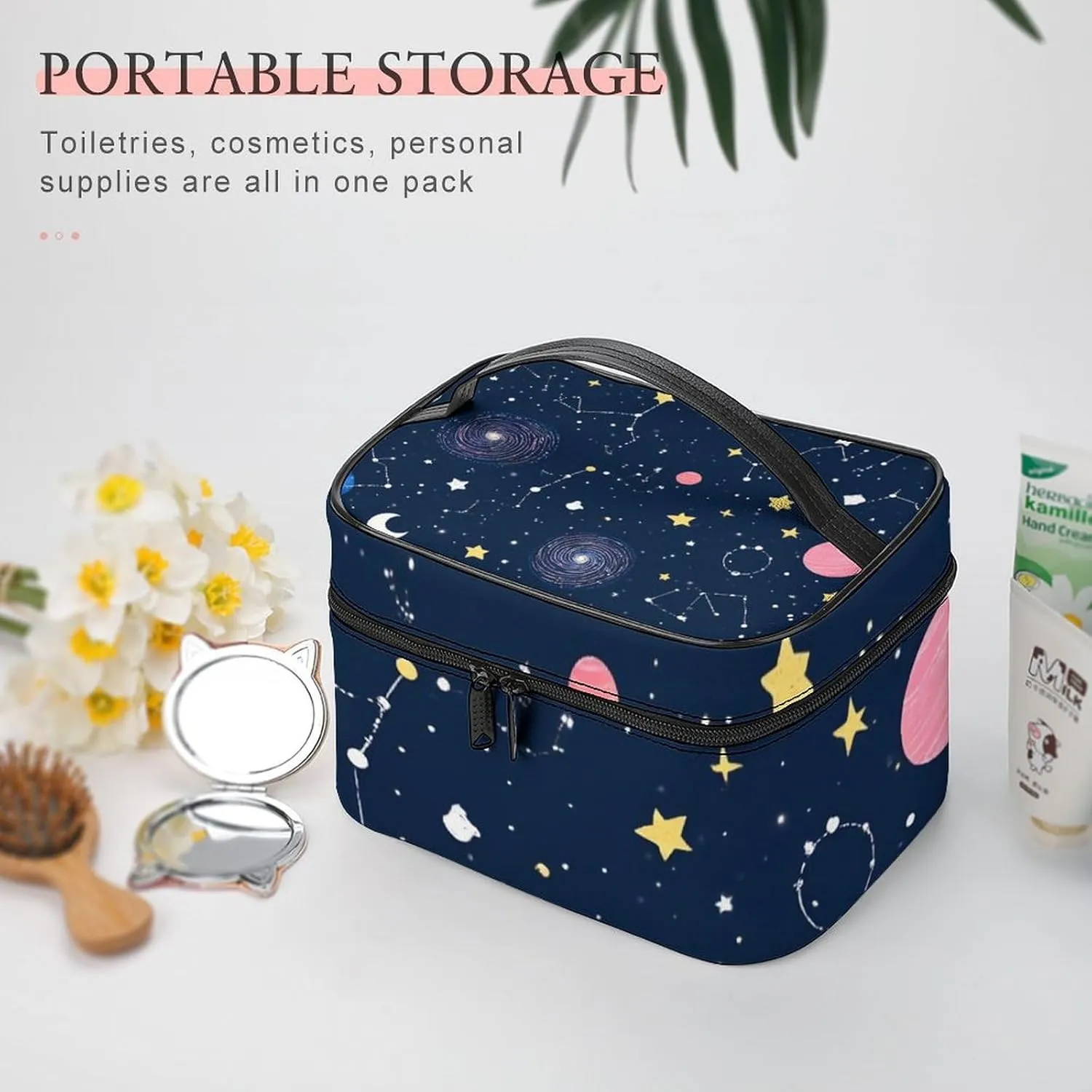 Portable Large Makeup Organizer Case for Women, Space Galaxy Constellation Zodiac Starry Night Stars Toiletry Brushes Storage Bag Travel Cosmetic Accessories