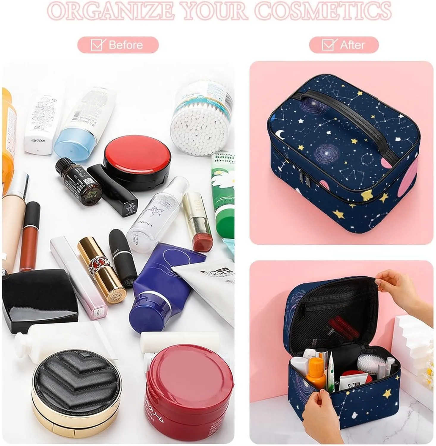 Portable Large Makeup Organizer Case for Women, Space Galaxy Constellation Zodiac Starry Night Stars Toiletry Brushes Storage Bag Travel Cosmetic Accessories