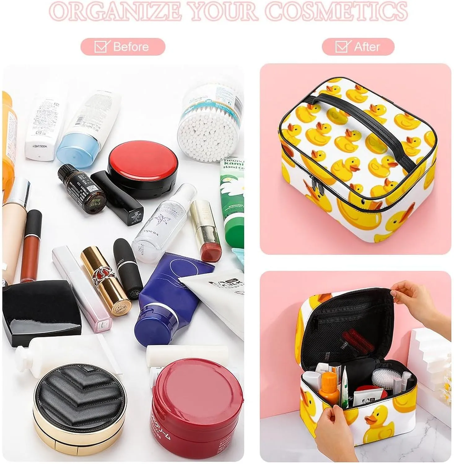 Portable Makeup Bag for Women, Travel Large Cosmetics Toiletry Storage Bag Funny Rubber Duck Makeup Organizer Case with Handle