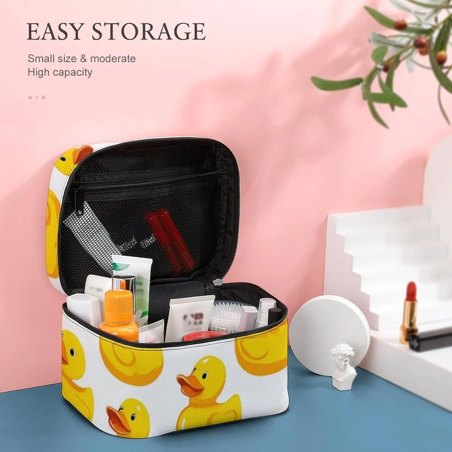 Portable Makeup Bag for Women, Travel Large Cosmetics Toiletry Storage Bag Funny Rubber Duck Makeup Organizer Case with Handle
