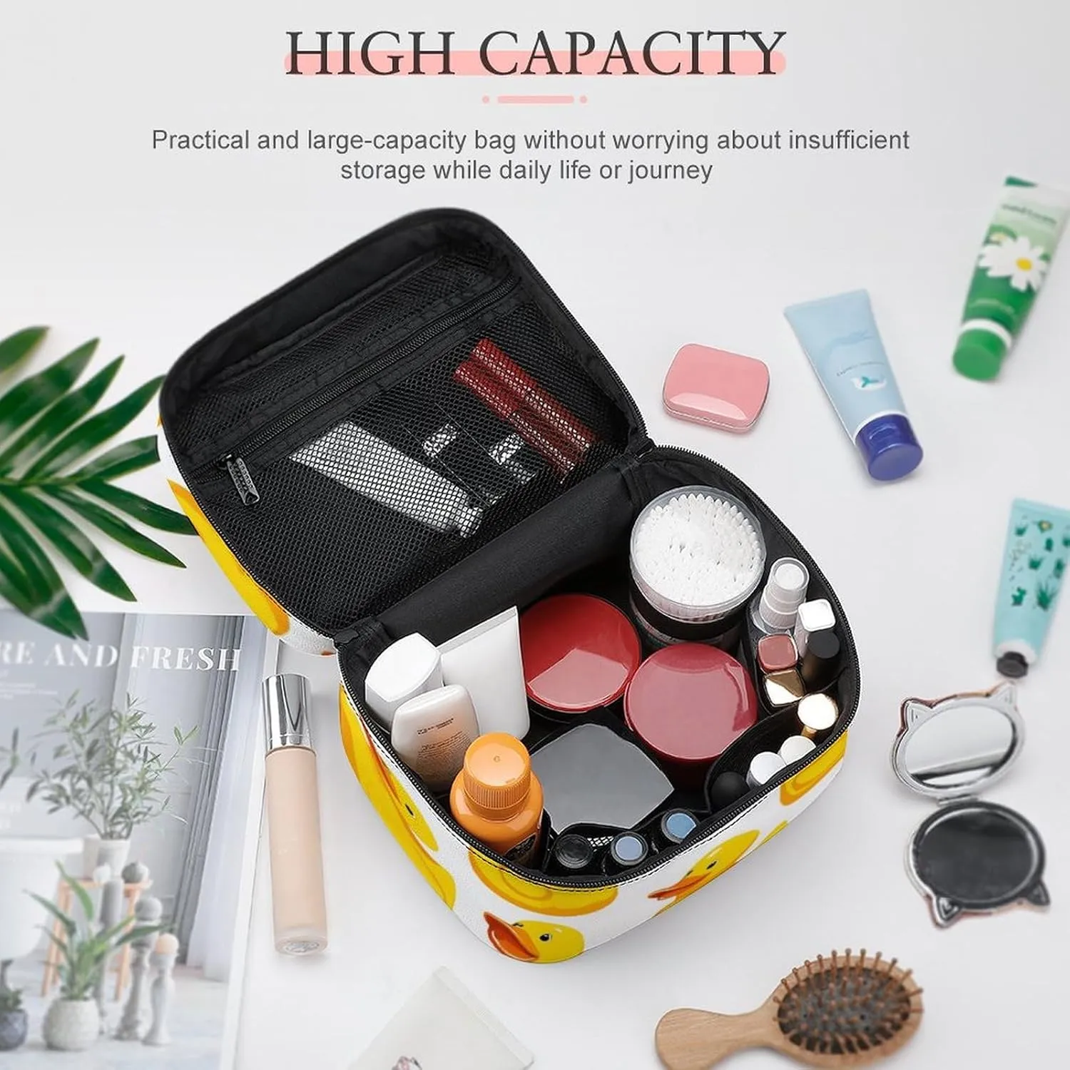 Portable Makeup Bag for Women, Travel Large Cosmetics Toiletry Storage Bag Funny Rubber Duck Makeup Organizer Case with Handle