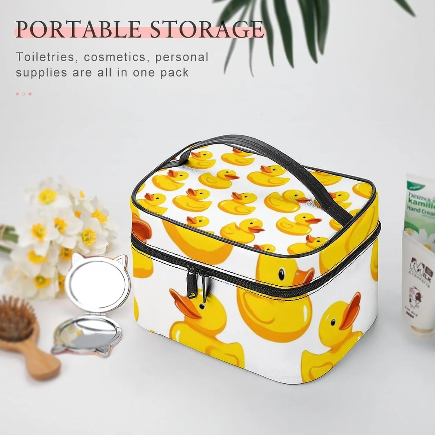 Portable Makeup Bag for Women, Travel Large Cosmetics Toiletry Storage Bag Funny Rubber Duck Makeup Organizer Case with Handle