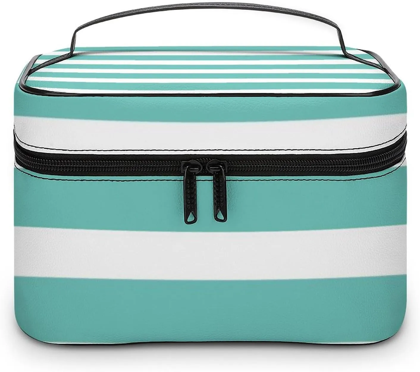 Portable Makeup Bag Travel Cosmetic Case, Classic Stripes Aqua and White Zipper Pouch Cosmetic Bag with Handle Toiletry Bag for Women Girls