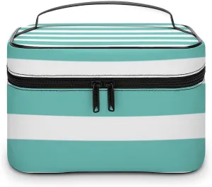 Portable Makeup Bag Travel Cosmetic Case, Classic Stripes Aqua and White Zipper Pouch Cosmetic Bag with Handle Toiletry Bag for Women Girls