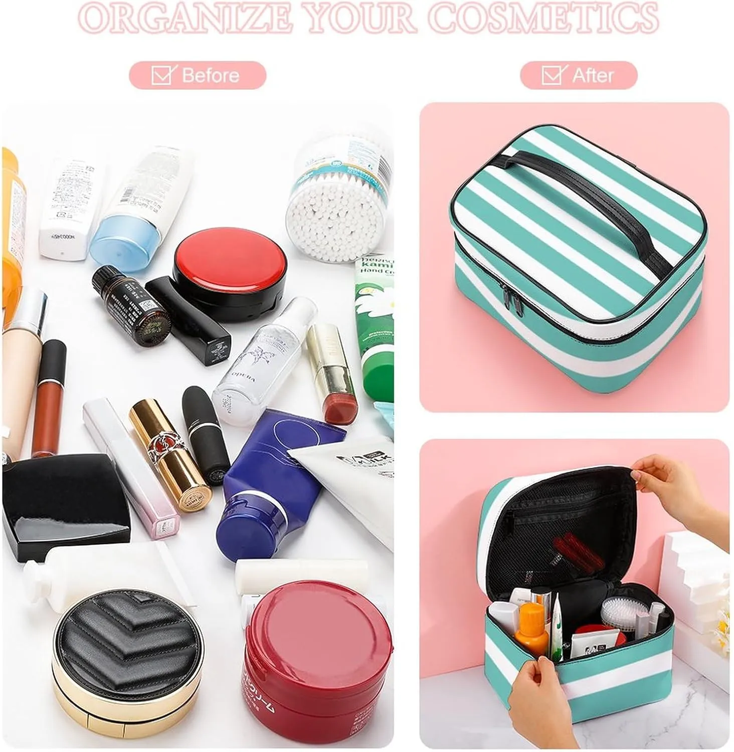 Portable Makeup Bag Travel Cosmetic Case, Classic Stripes Aqua and White Zipper Pouch Cosmetic Bag with Handle Toiletry Bag for Women Girls