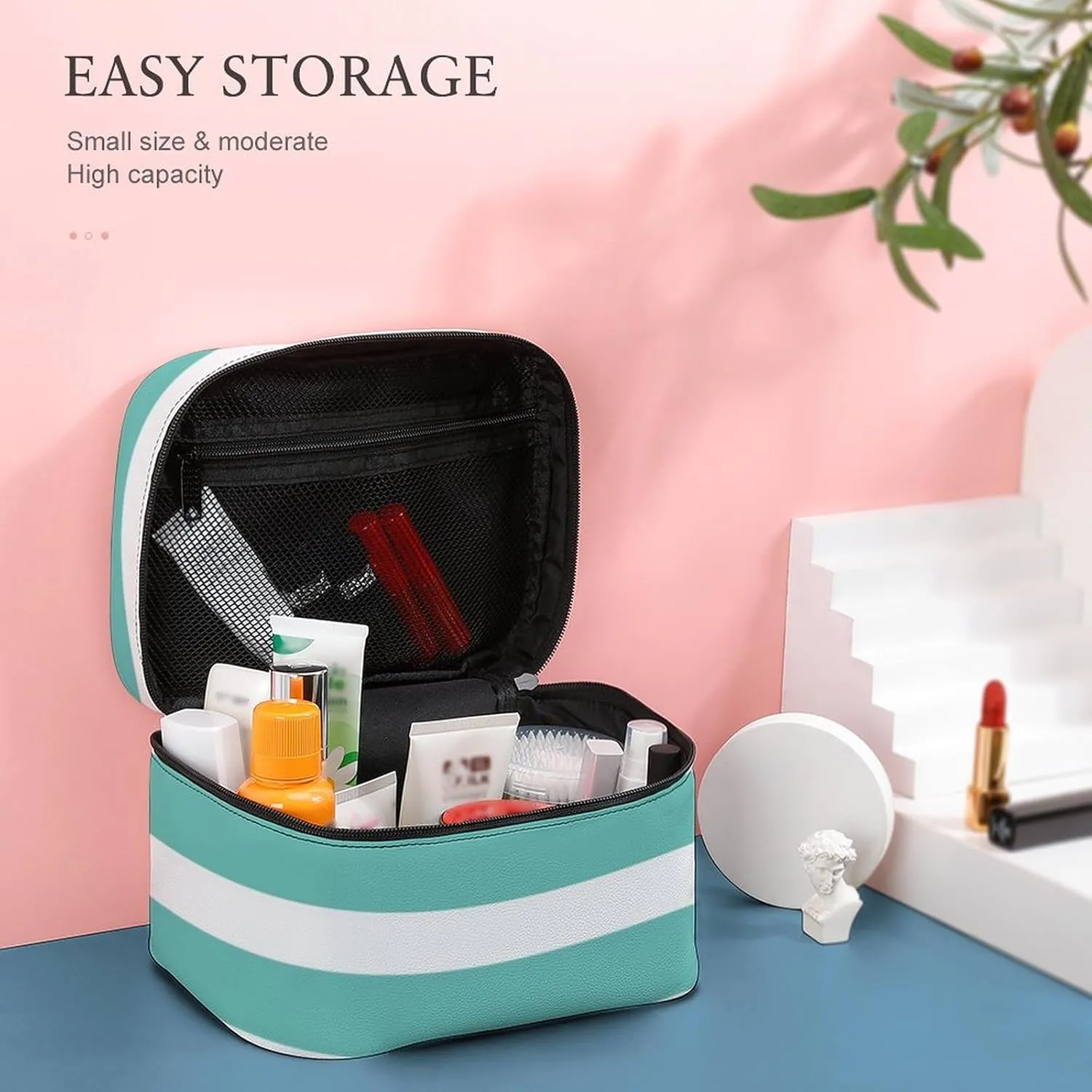 Portable Makeup Bag Travel Cosmetic Case, Classic Stripes Aqua and White Zipper Pouch Cosmetic Bag with Handle Toiletry Bag for Women Girls