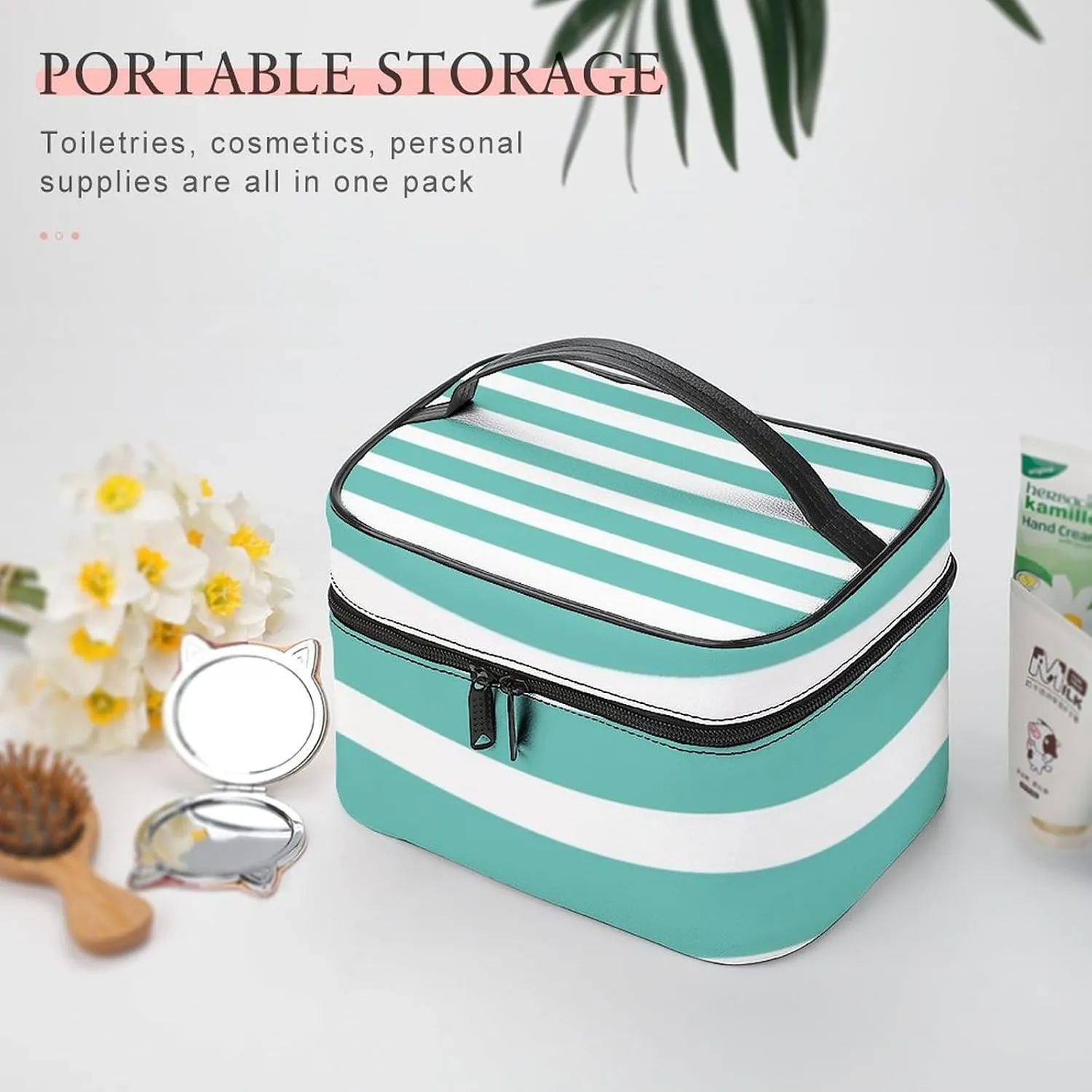 Portable Makeup Bag Travel Cosmetic Case, Classic Stripes Aqua and White Zipper Pouch Cosmetic Bag with Handle Toiletry Bag for Women Girls
