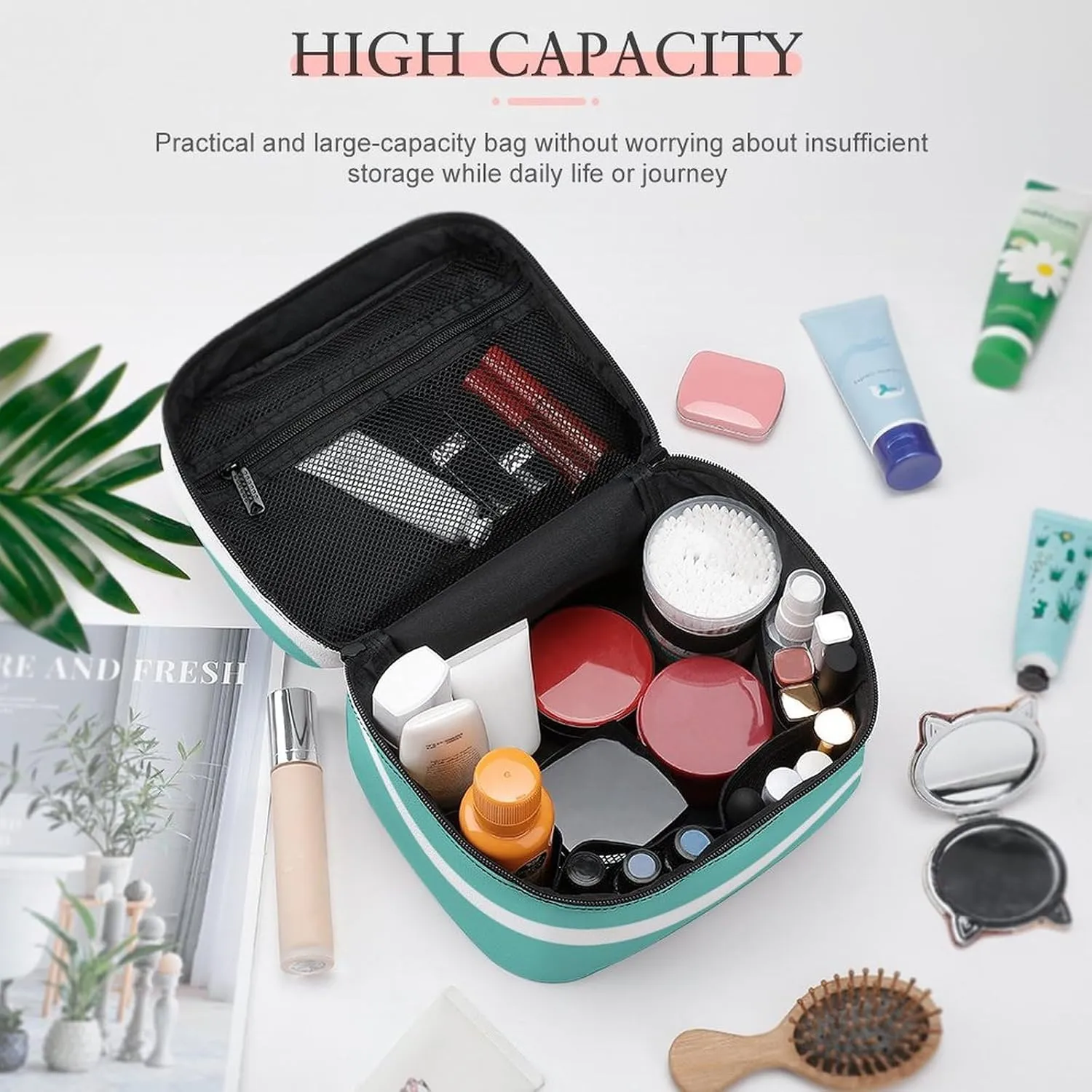 Portable Makeup Bag Travel Cosmetic Case, Classic Stripes Aqua and White Zipper Pouch Cosmetic Bag with Handle Toiletry Bag for Women Girls