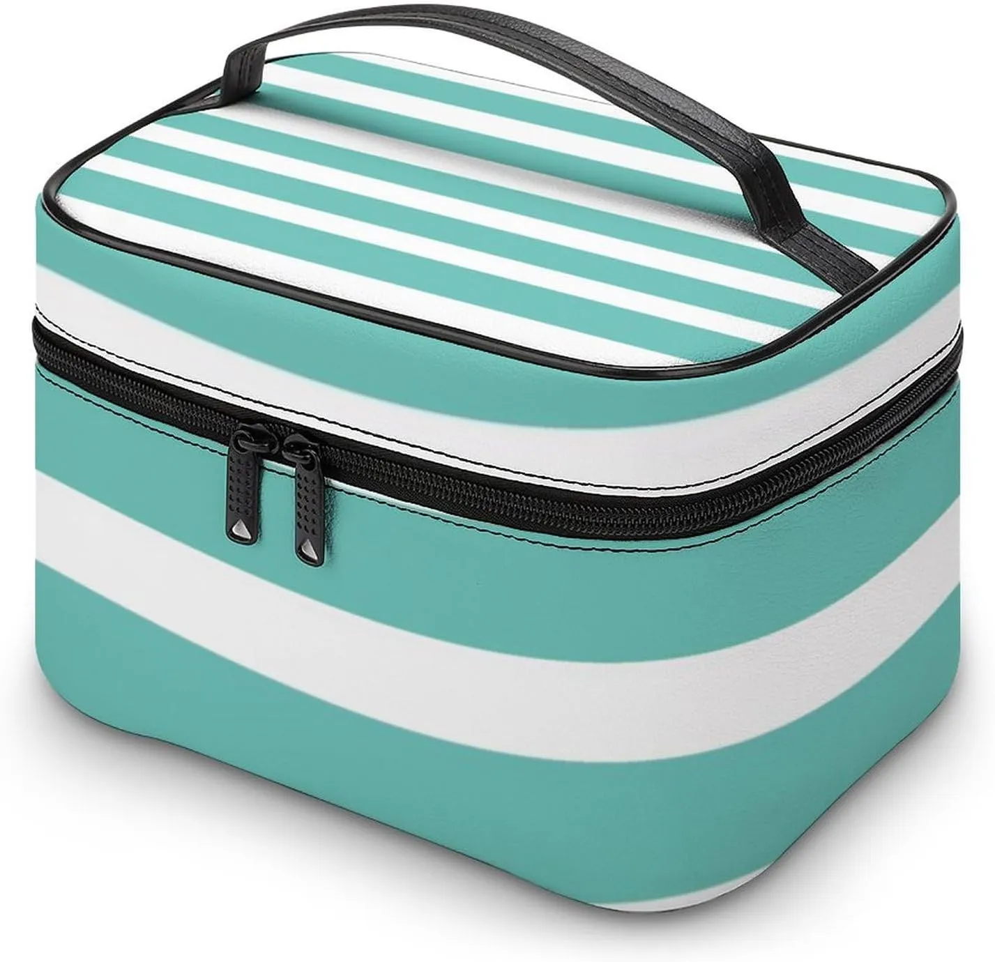 Portable Makeup Bag Travel Cosmetic Case, Classic Stripes Aqua and White Zipper Pouch Cosmetic Bag with Handle Toiletry Bag for Women Girls