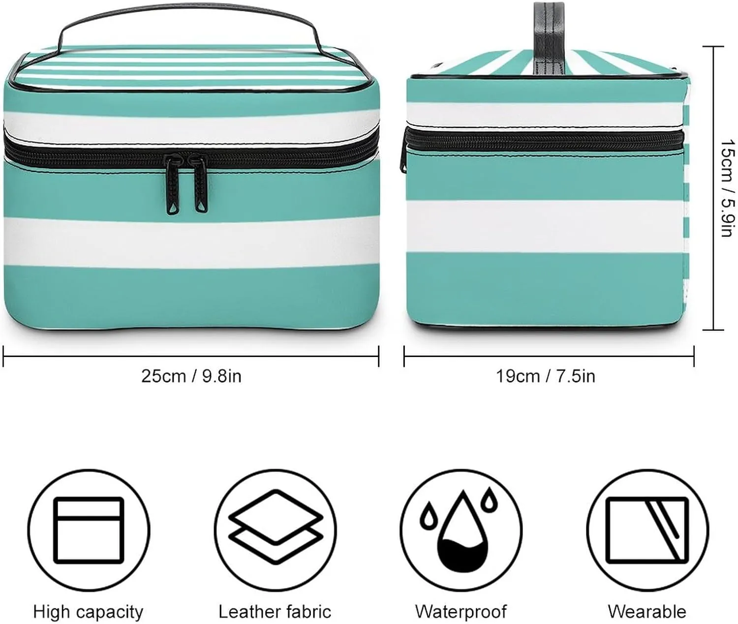 Portable Makeup Bag Travel Cosmetic Case, Classic Stripes Aqua and White Zipper Pouch Cosmetic Bag with Handle Toiletry Bag for Women Girls