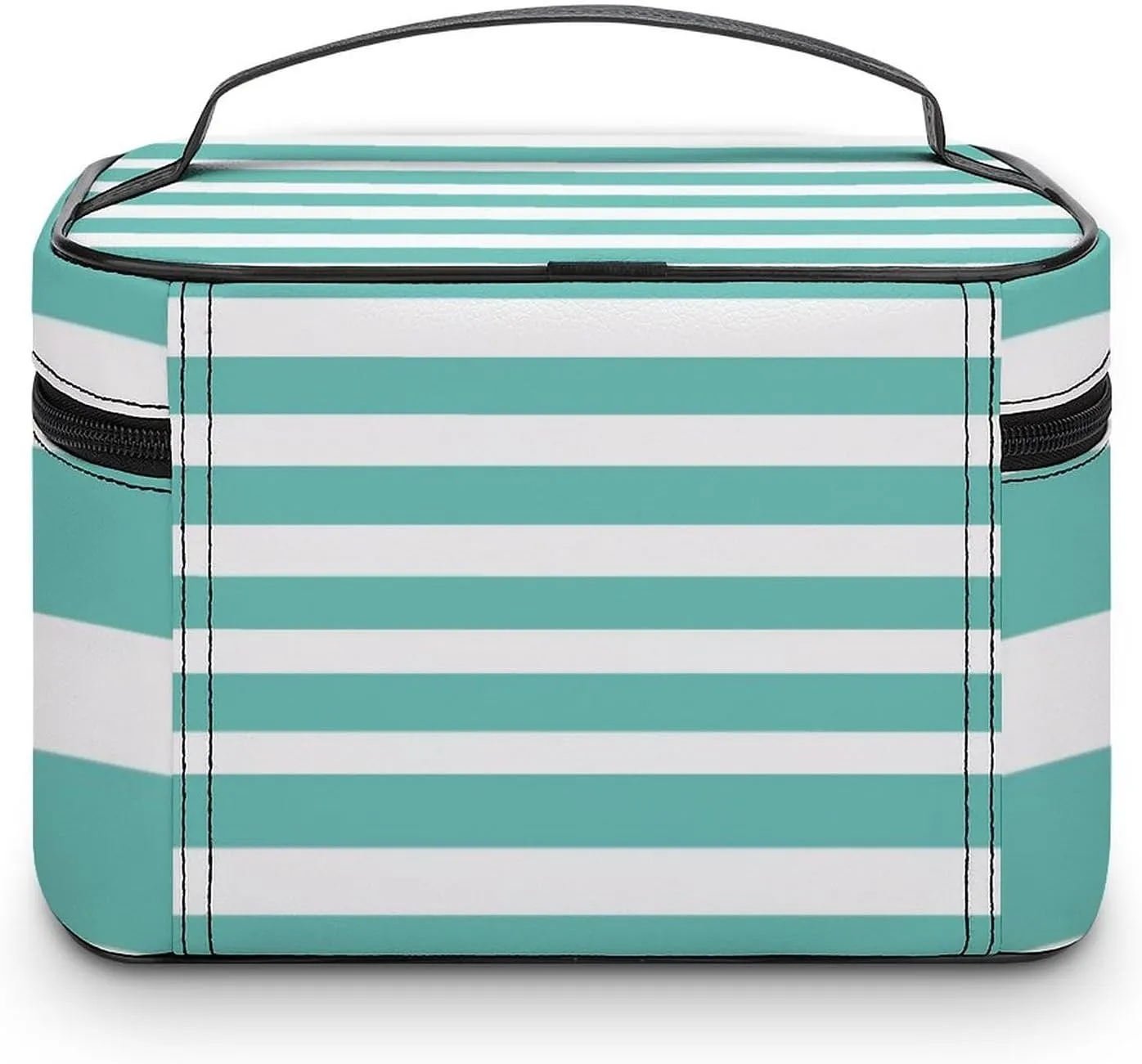Portable Makeup Bag Travel Cosmetic Case, Classic Stripes Aqua and White Zipper Pouch Cosmetic Bag with Handle Toiletry Bag for Women Girls