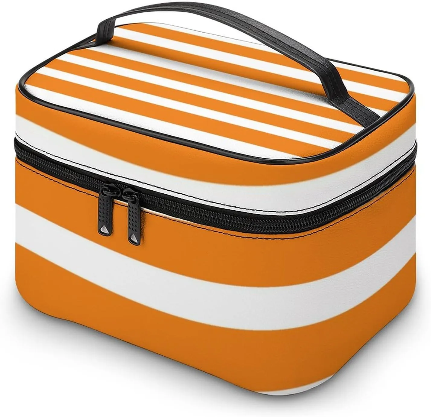 Portable Makeup Bag Travel Cosmetic Case, Classic Stripes Bright Orange and White Zipper Pouch Cosmetic Bag with Handle Toiletry Bag for Women Girls
