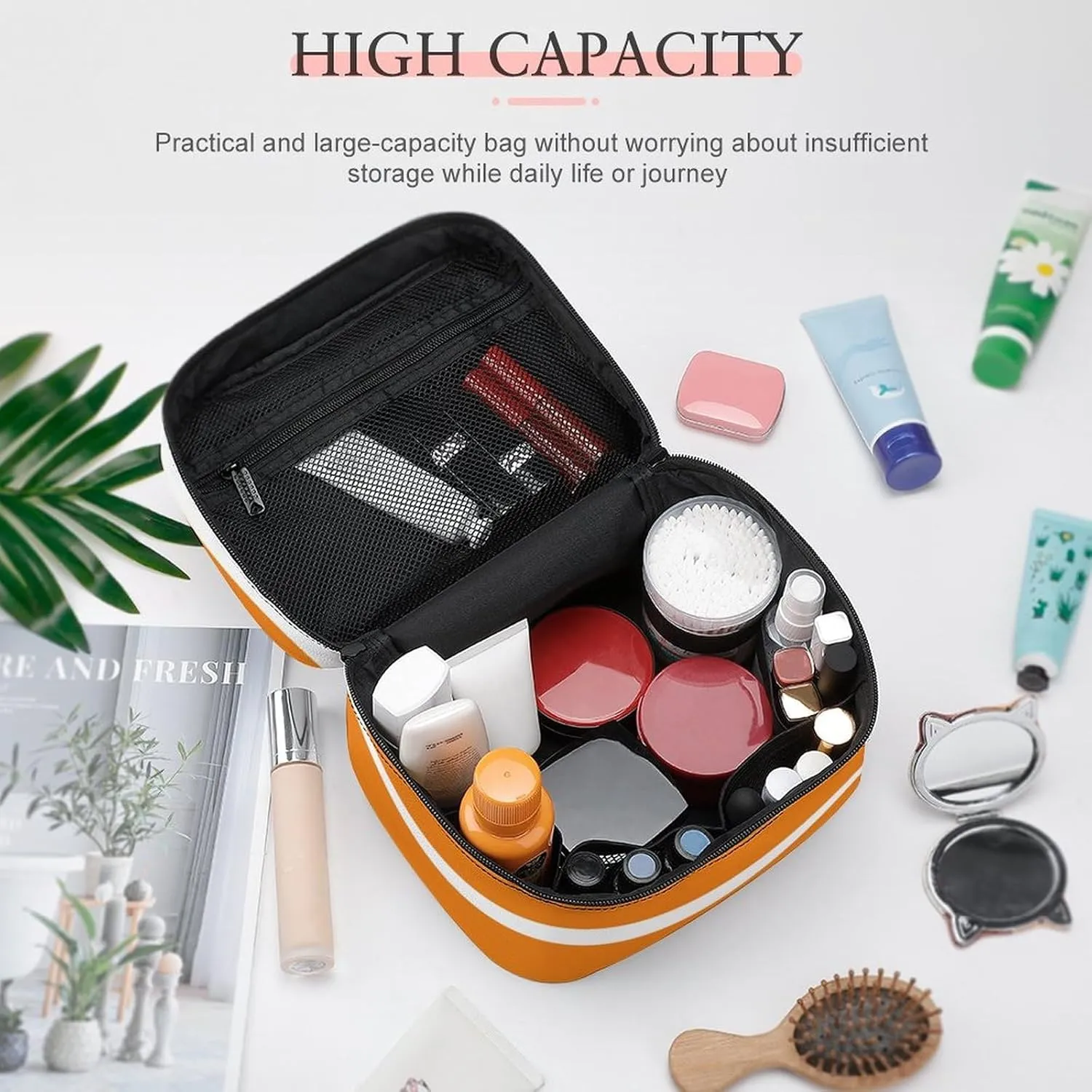 Portable Makeup Bag Travel Cosmetic Case, Classic Stripes Bright Orange and White Zipper Pouch Cosmetic Bag with Handle Toiletry Bag for Women Girls