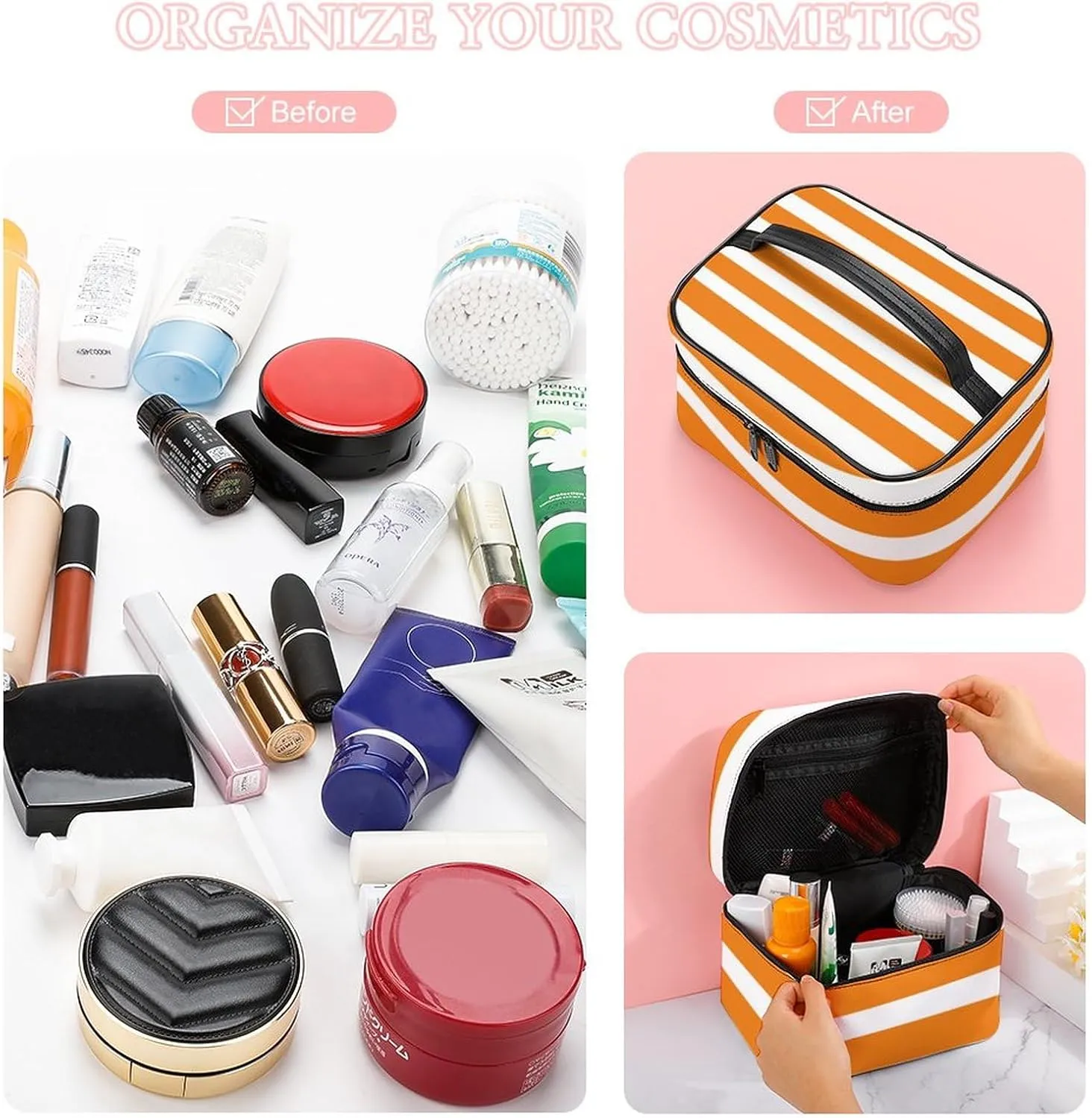 Portable Makeup Bag Travel Cosmetic Case, Classic Stripes Bright Orange and White Zipper Pouch Cosmetic Bag with Handle Toiletry Bag for Women Girls