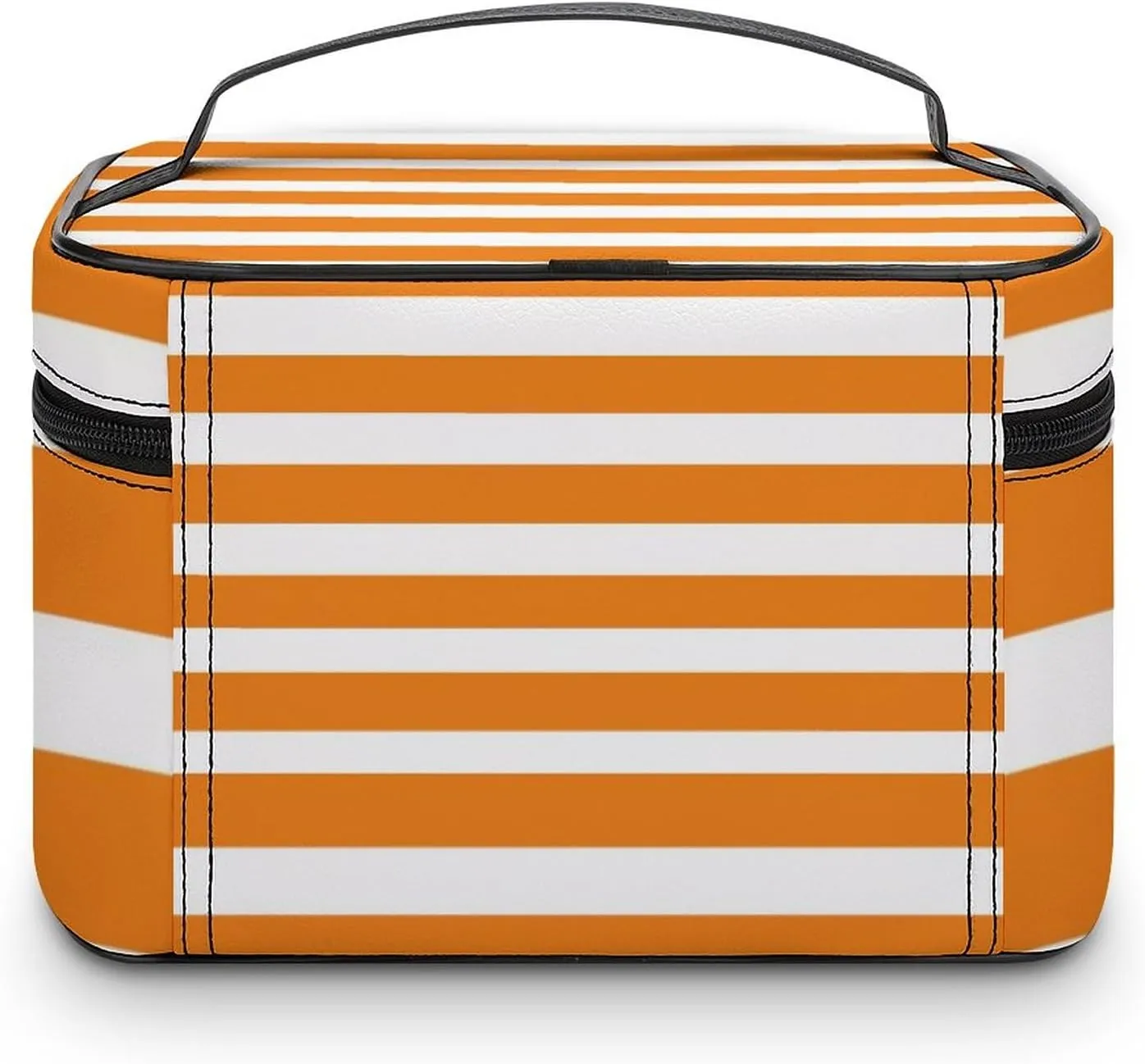 Portable Makeup Bag Travel Cosmetic Case, Classic Stripes Bright Orange and White Zipper Pouch Cosmetic Bag with Handle Toiletry Bag for Women Girls