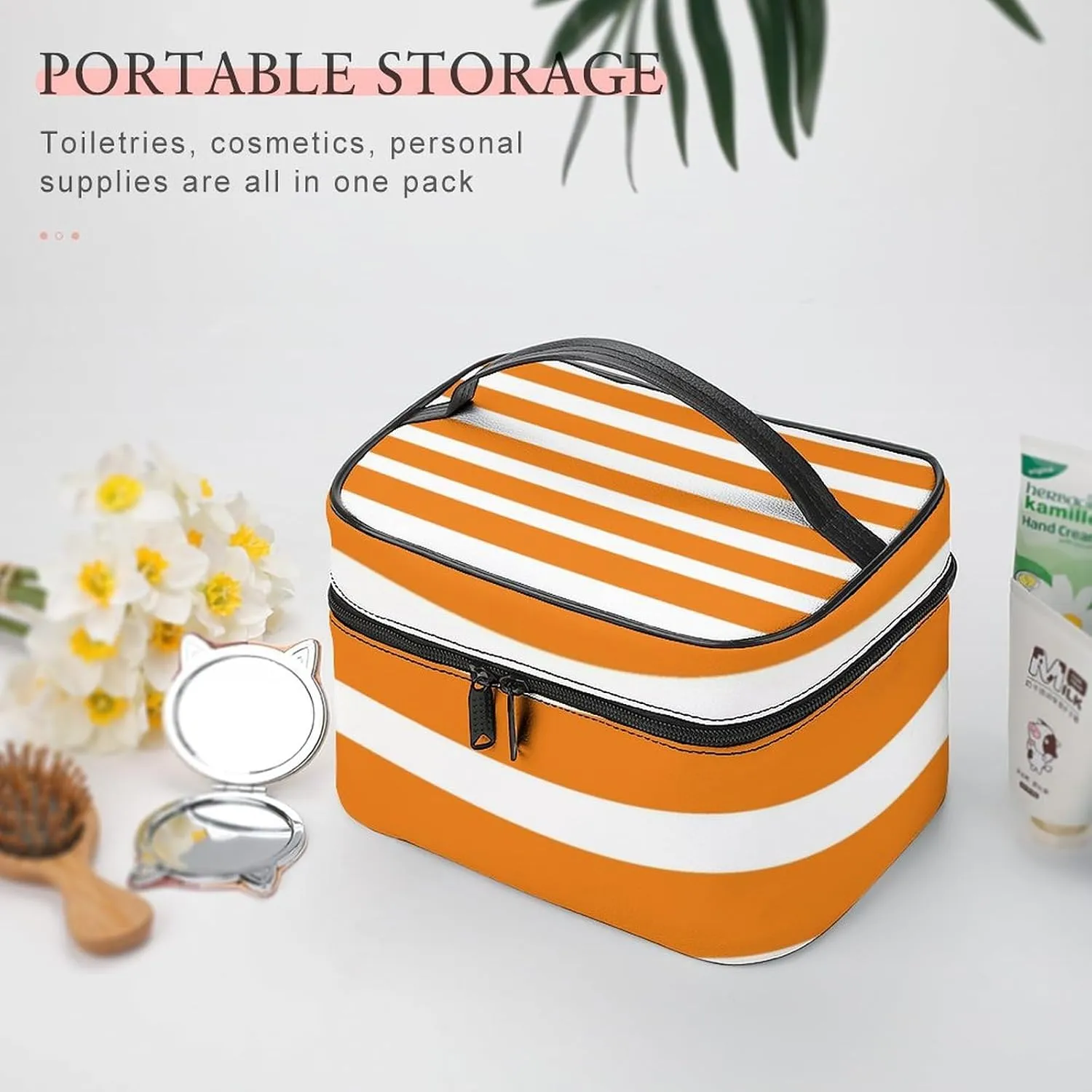 Portable Makeup Bag Travel Cosmetic Case, Classic Stripes Bright Orange and White Zipper Pouch Cosmetic Bag with Handle Toiletry Bag for Women Girls