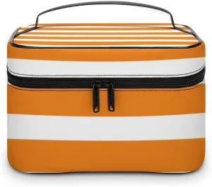 Portable Makeup Bag Travel Cosmetic Case, Classic Stripes Bright Orange and White Zipper Pouch Cosmetic Bag with Handle Toiletry Bag for Women Girls