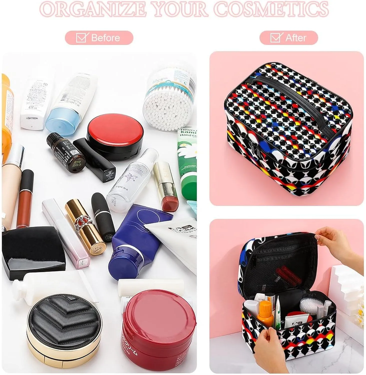 Portable Makeup Bag with Zipper Pouch, Cool Trippy Aliens Pattern Cosmetic Case Large Capacity Travel Makeup Case Organizer Toiletry Brushes Storage Bag