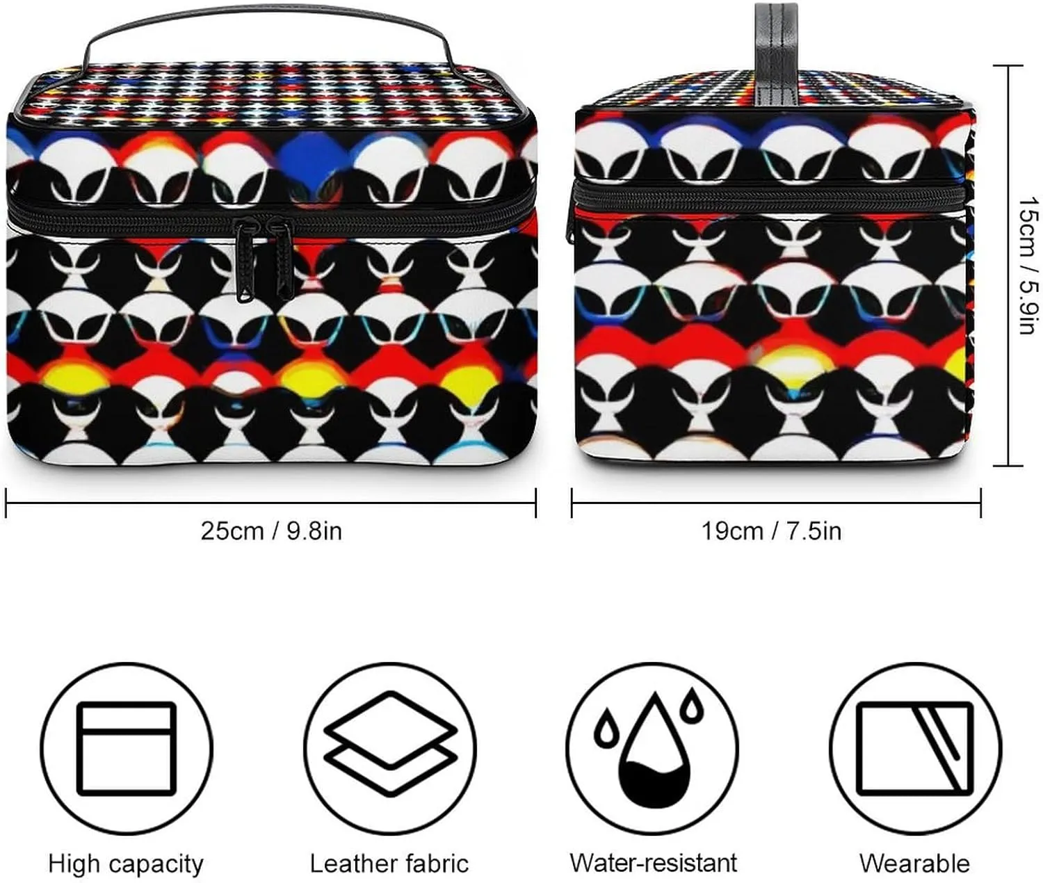 Portable Makeup Bag with Zipper Pouch, Cool Trippy Aliens Pattern Cosmetic Case Large Capacity Travel Makeup Case Organizer Toiletry Brushes Storage Bag