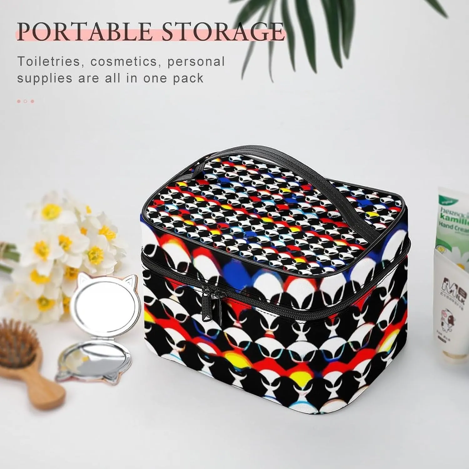 Portable Makeup Bag with Zipper Pouch, Cool Trippy Aliens Pattern Cosmetic Case Large Capacity Travel Makeup Case Organizer Toiletry Brushes Storage Bag