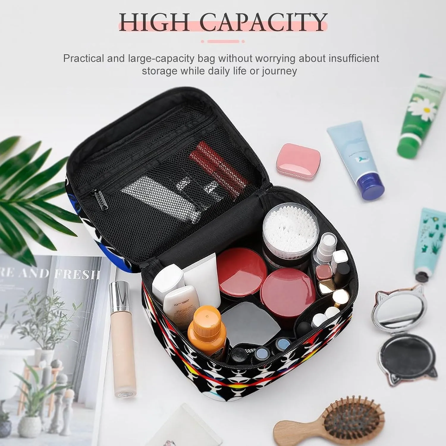 Portable Makeup Bag with Zipper Pouch, Cool Trippy Aliens Pattern Cosmetic Case Large Capacity Travel Makeup Case Organizer Toiletry Brushes Storage Bag