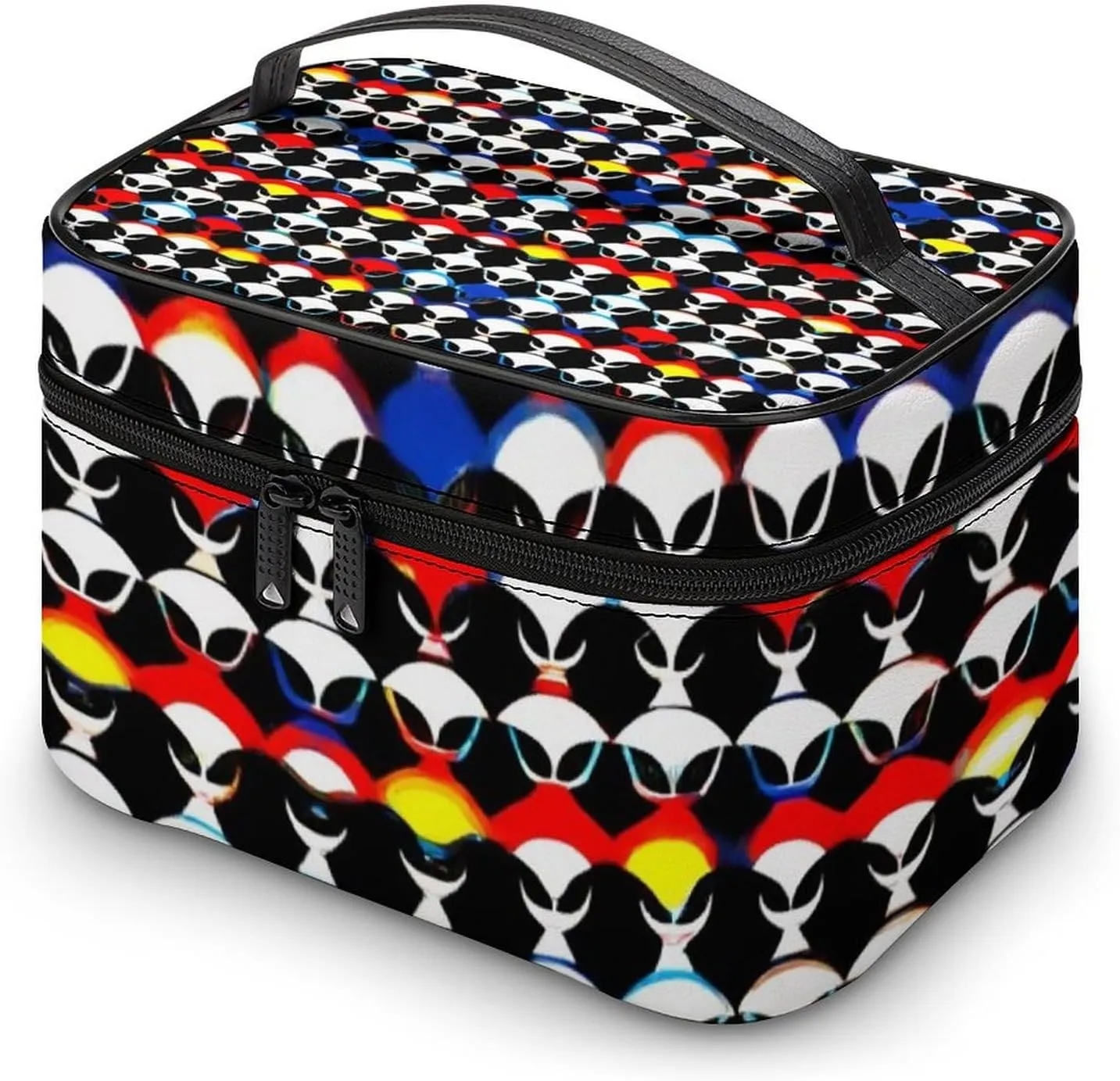 Portable Makeup Bag with Zipper Pouch, Cool Trippy Aliens Pattern Cosmetic Case Large Capacity Travel Makeup Case Organizer Toiletry Brushes Storage Bag