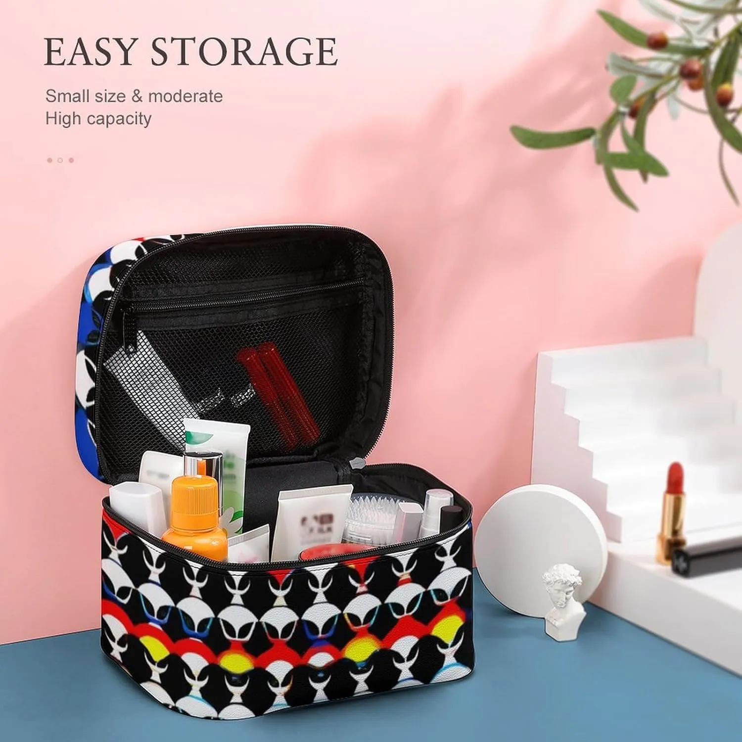 Portable Makeup Bag with Zipper Pouch, Cool Trippy Aliens Pattern Cosmetic Case Large Capacity Travel Makeup Case Organizer Toiletry Brushes Storage Bag