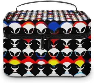 Portable Makeup Bag with Zipper Pouch, Cool Trippy Aliens Pattern Cosmetic Case Large Capacity Travel Makeup Case Organizer Toiletry Brushes Storage Bag