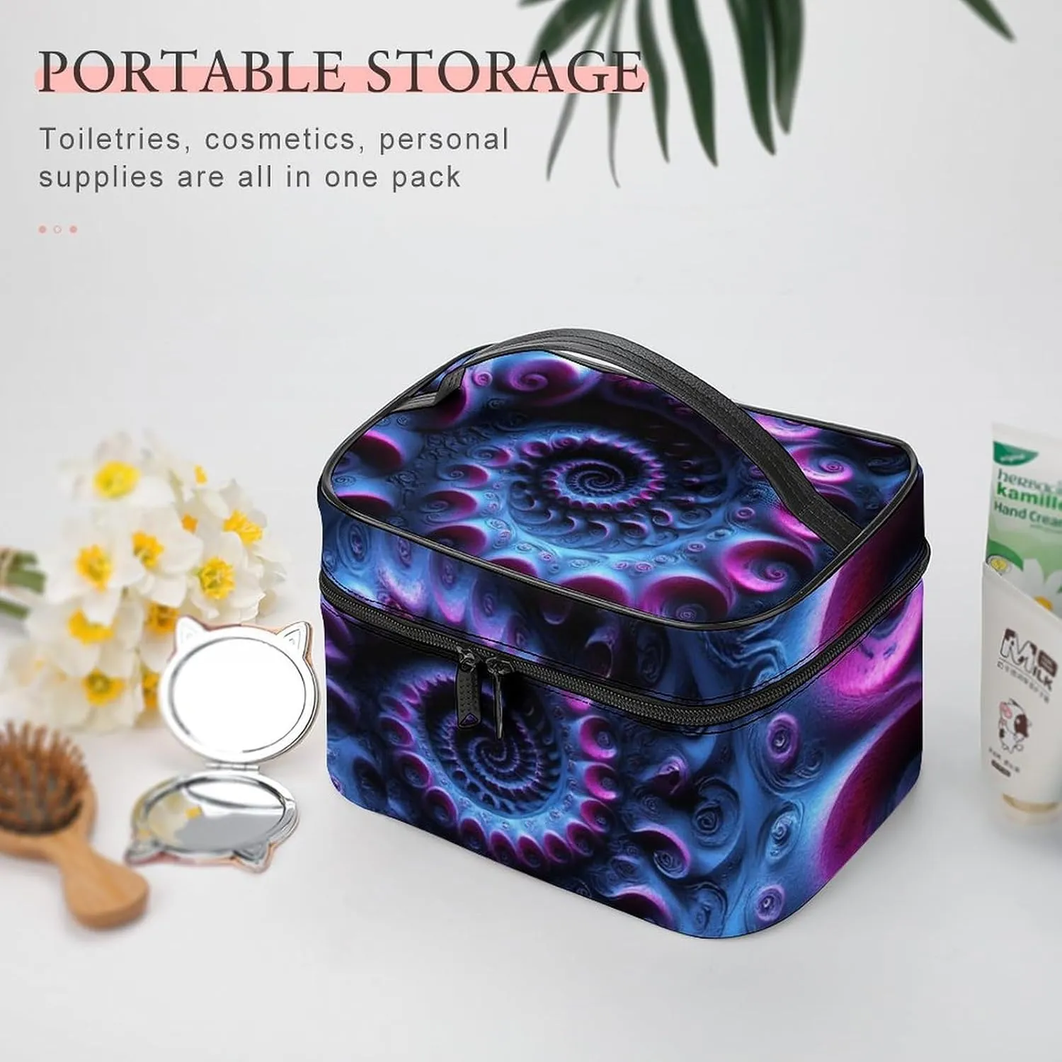 Portable Makeup Bag with Zipper Pouch, Trippy Purple Tie Dye Cosmetic Case Large Capacity Travel Makeup Case Organizer Toiletry Brushes Storage Bag