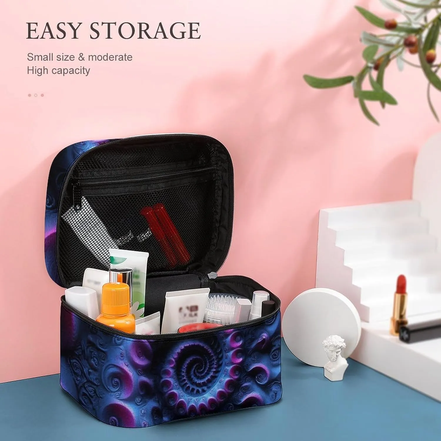 Portable Makeup Bag with Zipper Pouch, Trippy Purple Tie Dye Cosmetic Case Large Capacity Travel Makeup Case Organizer Toiletry Brushes Storage Bag