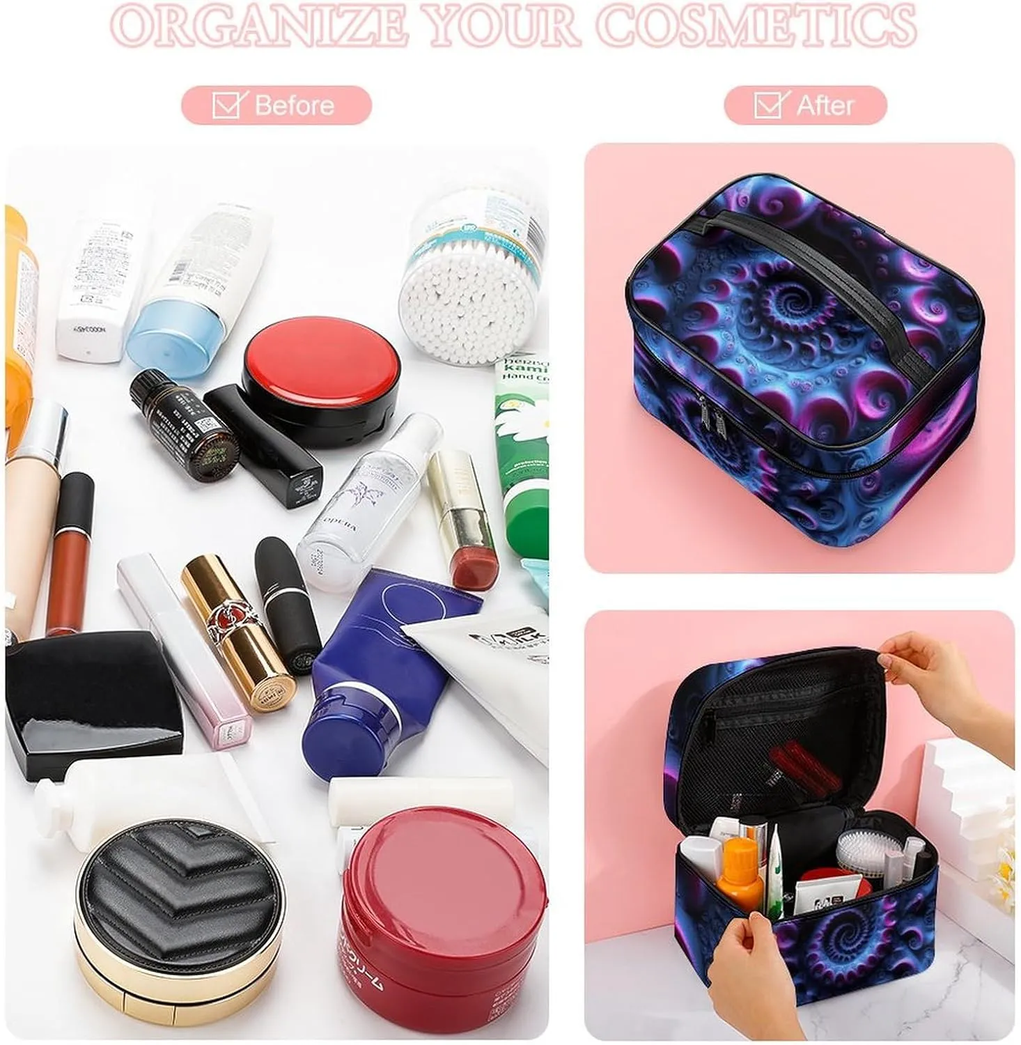 Portable Makeup Bag with Zipper Pouch, Trippy Purple Tie Dye Cosmetic Case Large Capacity Travel Makeup Case Organizer Toiletry Brushes Storage Bag
