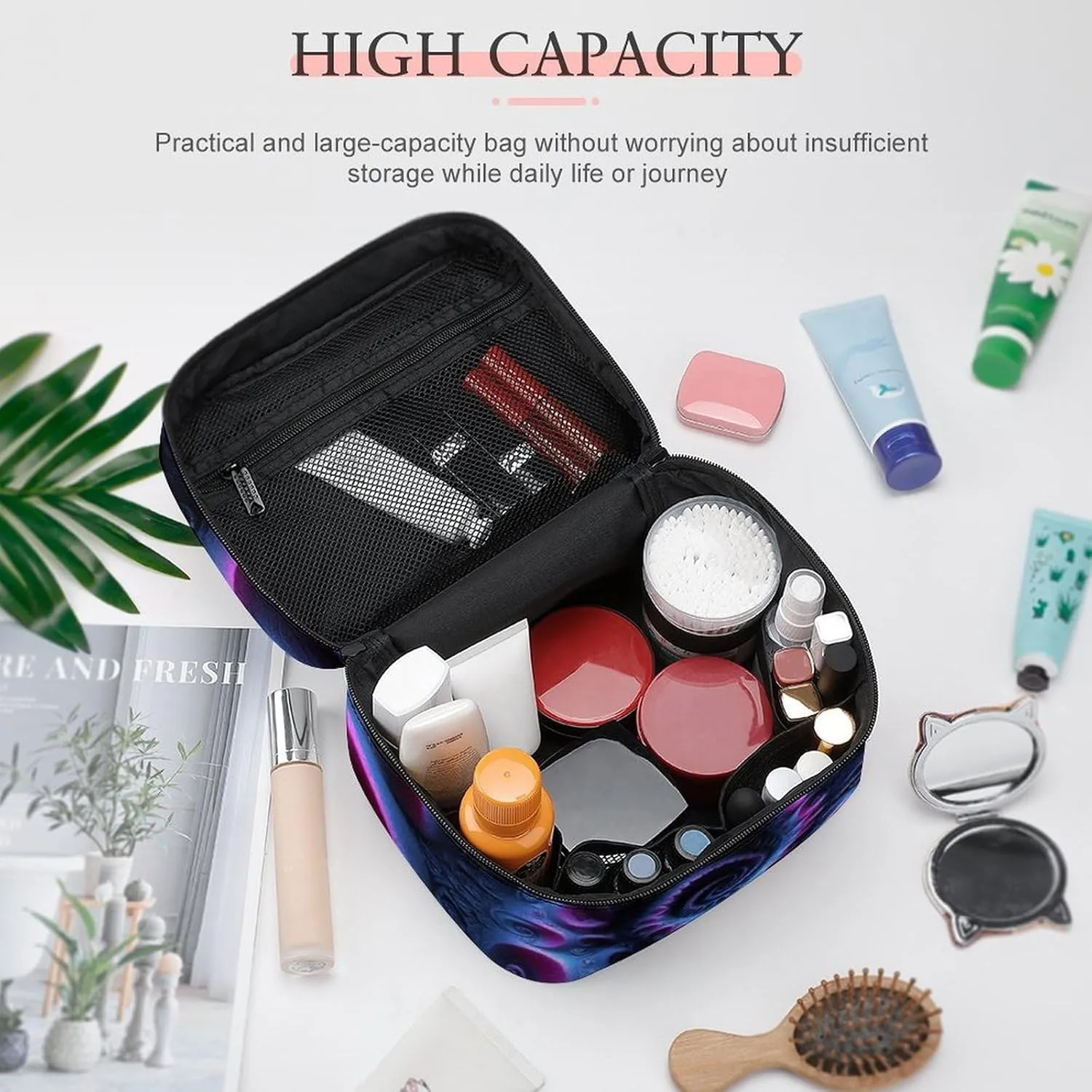 Portable Makeup Bag with Zipper Pouch, Trippy Purple Tie Dye Cosmetic Case Large Capacity Travel Makeup Case Organizer Toiletry Brushes Storage Bag