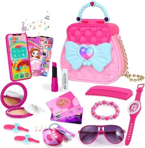 Pretend My First Purse Princess Set for Girls, Fashion Stylish Handbag with Pretend Play Beauty Makeup Accessories, Smart Phone, Watches, Glasses, Keys, Petty Cards for Little Kid, 17 Pcs
