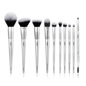Professional Makeup Brushes 10Pcs, Premium Synthetic Make Up Brush Set, Powder Foundation Contour Blush Concealer Eye Shadow Blending Liner Makeup Brush Kit (Silver)