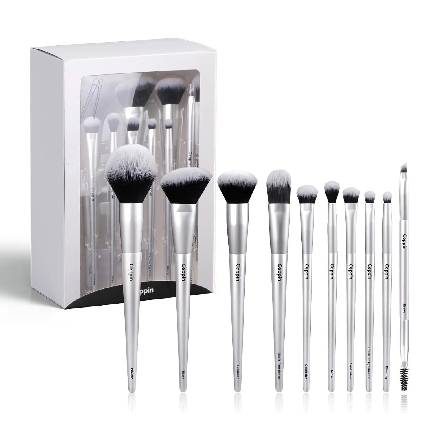 Professional Makeup Brushes 10Pcs, Premium Synthetic Make Up Brush Set, Powder Foundation Contour Blush Concealer Eye Shadow Blending Liner Makeup Brush Kit (Silver)