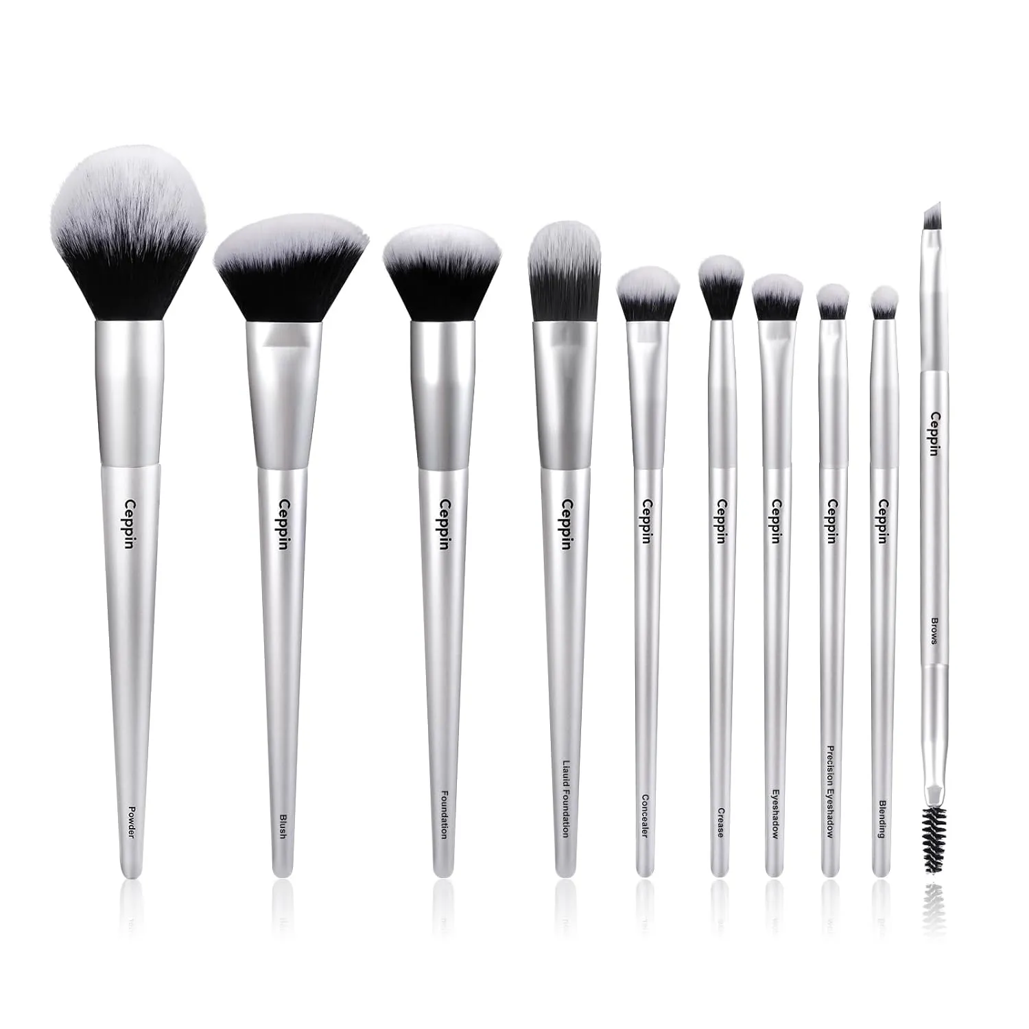 Professional Makeup Brushes 10Pcs, Premium Synthetic Make Up Brush Set, Powder Foundation Contour Blush Concealer Eye Shadow Blending Liner Makeup Brush Kit (Silver)