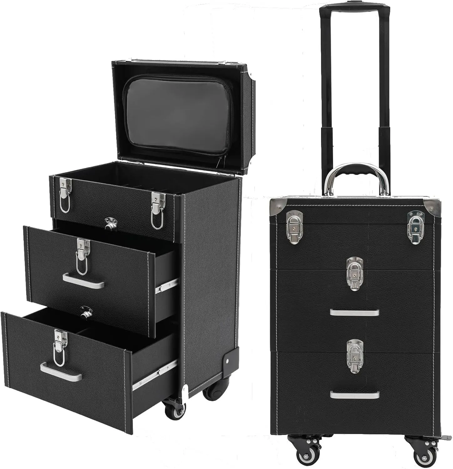 Professional Rolling Makeup Case - Large Capacity, PVC & Aluminum Alloy, Lockable Drawers, Portable Makeup Organizer with Wheels, Retractable Handle - for Makeup Artists & Enthusiasts(Black, Silver)