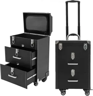 Professional Rolling Makeup Case - Large Capacity, PVC & Aluminum Alloy, Lockable Drawers, Portable Makeup Organizer with Wheels, Retractable Handle - for Makeup Artists & Enthusiasts(Black, Silver)