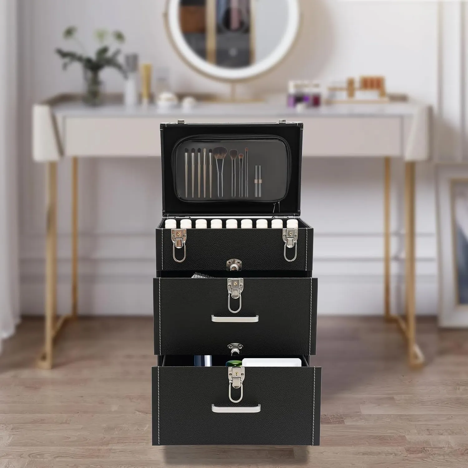 Professional Rolling Makeup Case - Large Capacity, PVC & Aluminum Alloy, Lockable Drawers, Portable Makeup Organizer with Wheels, Retractable Handle - for Makeup Artists & Enthusiasts(Black, Silver)