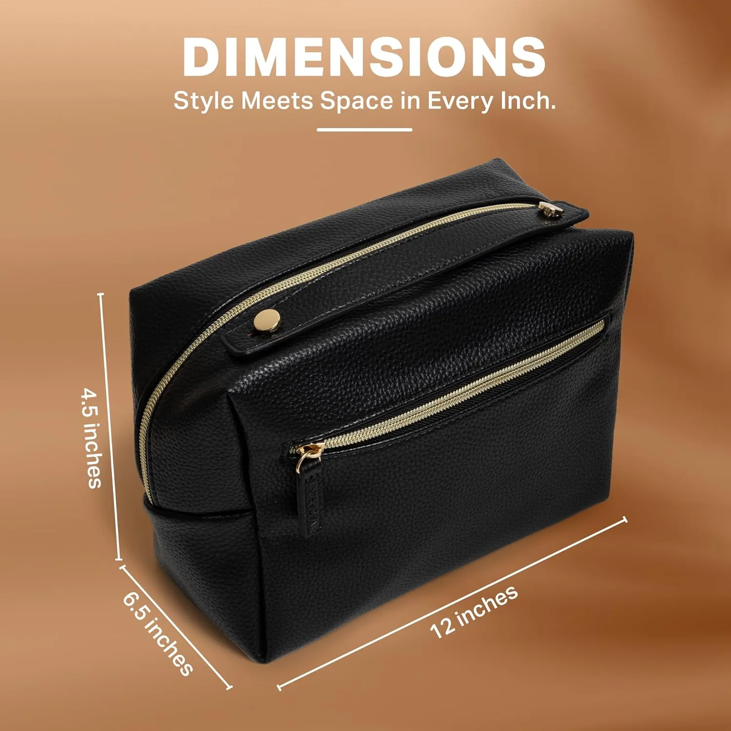 PU Leather Cosmetic Bag for Women - Large Capacity Makeup Organizer with Dividers, Lightweight Travel Toiletry Bag, Portable Makeup Case with Zipper Pockets & Gold Hardware (Beige & Gold)