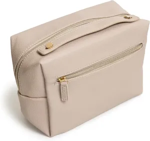 PU Leather Cosmetic Bag for Women - Large Capacity Makeup Organizer with Dividers, Lightweight Travel Toiletry Bag, Portable Makeup Case with Zipper Pockets & Gold Hardware (Beige & Gold)