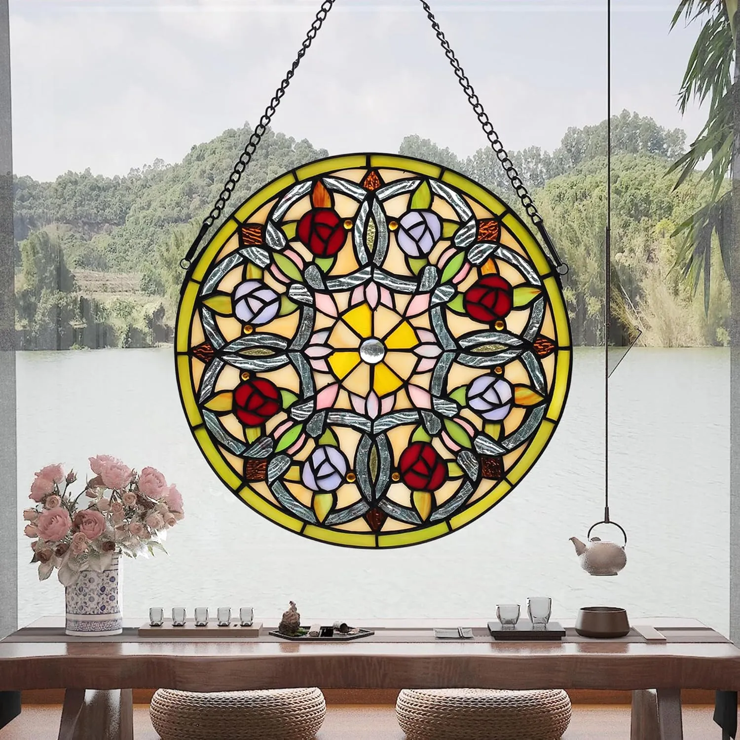 Red and Yellow Rose Flower Stained Glass Window Hanging - Tiffany Style Handmade 12 Inch Round Panel for Kitchen Bedroom With Chain