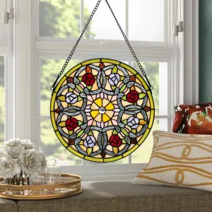 Red and Yellow Rose Flower Stained Glass Window Hanging - Tiffany Style Handmade 12 Inch Round Panel for Kitchen Bedroom With Chain