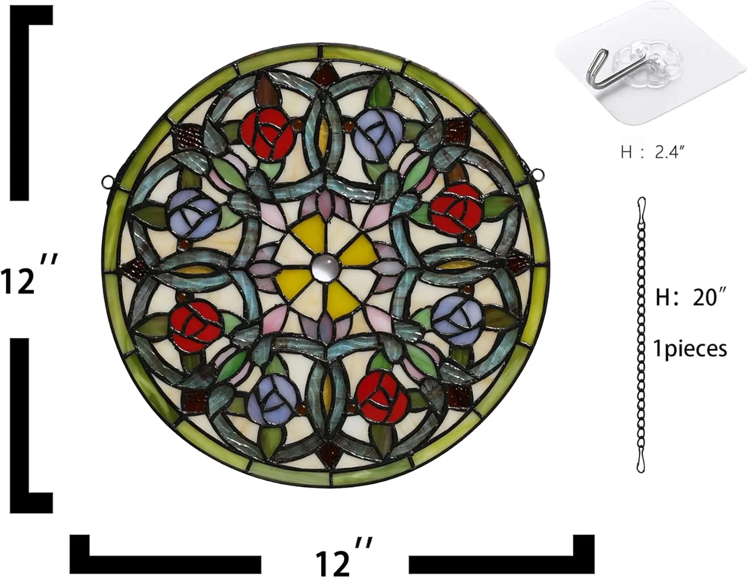 Red and Yellow Rose Flower Stained Glass Window Hanging - Tiffany Style Handmade 12 Inch Round Panel for Kitchen Bedroom With Chain