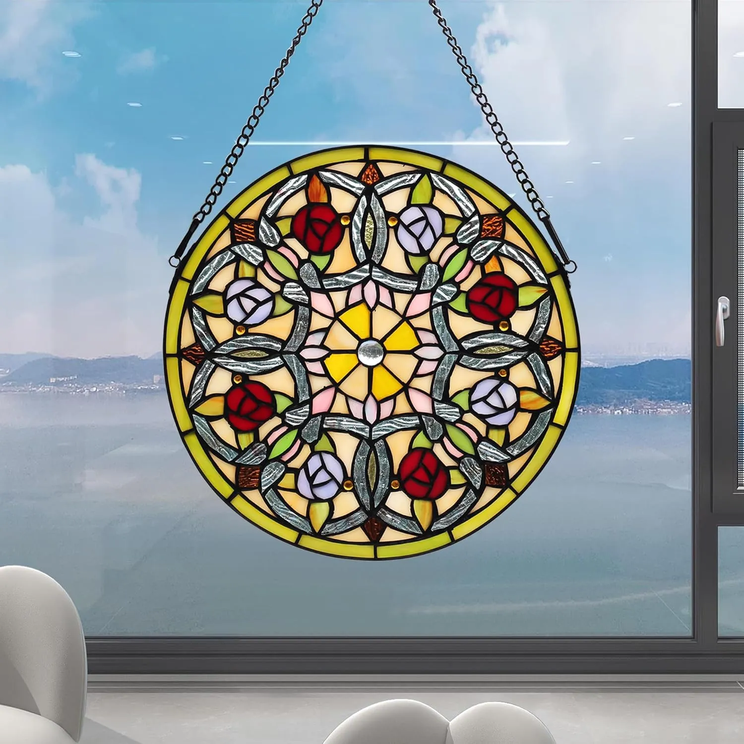 Red and Yellow Rose Flower Stained Glass Window Hanging - Tiffany Style Handmade 12 Inch Round Panel for Kitchen Bedroom With Chain