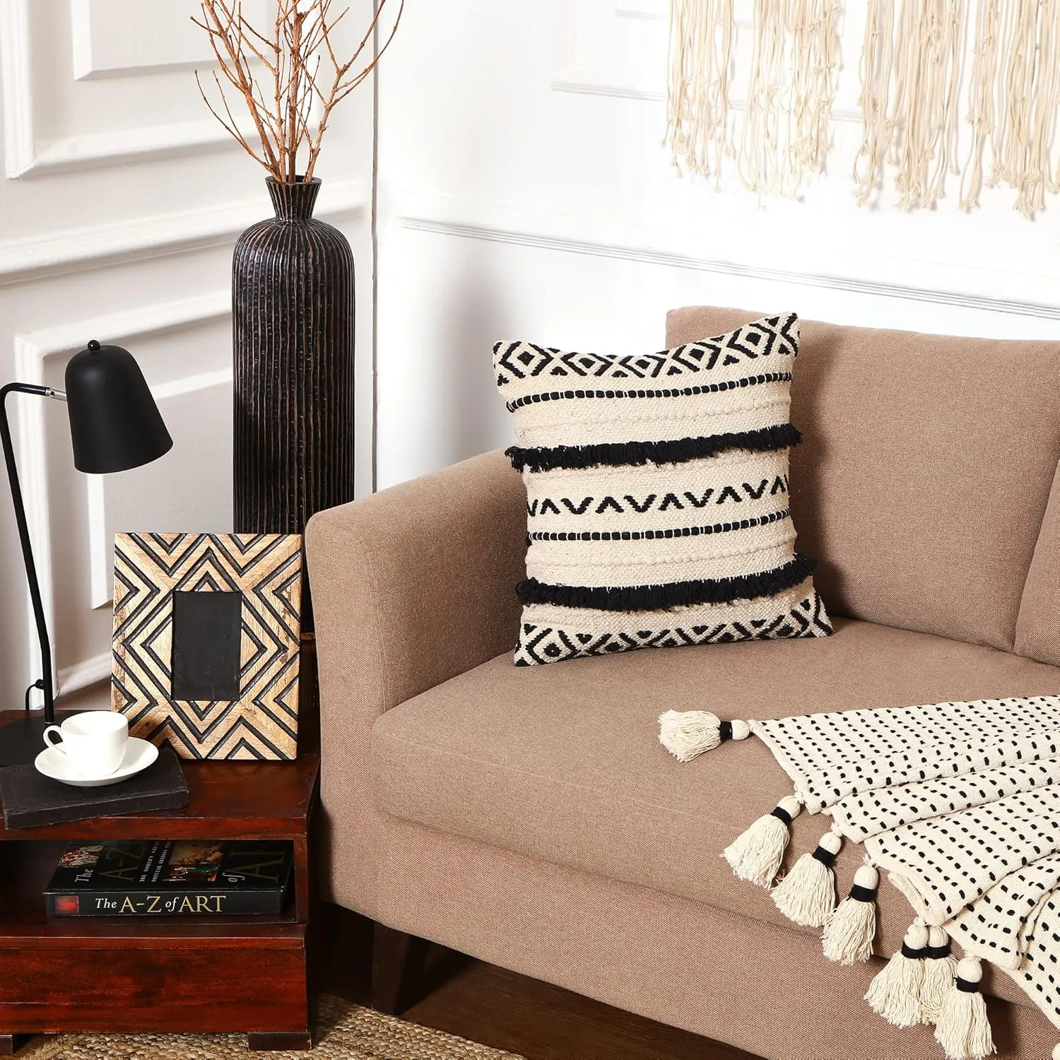 REDEARTH Handmade Boho Throw Pillow Covers - Bohemian Chic Farmhouse Style - Accent Woven Indoor and Outdoor Pillow Cushion Cases for Couch - Bed - Chair - Sofa - Benches – Set of 2-18"x18" - Black