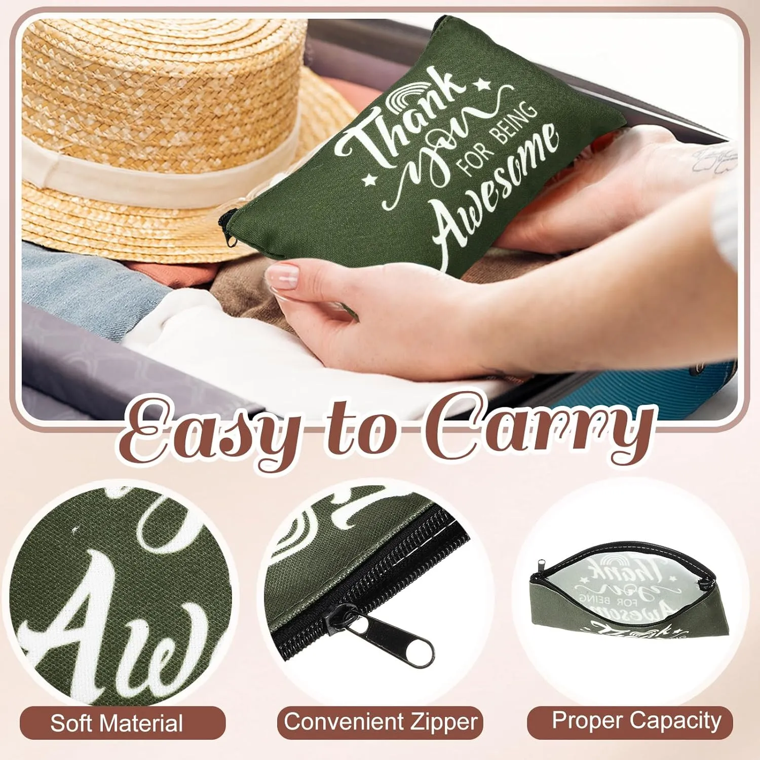 Reginary 20 Pcs Canvas Cosmetic Bag Inspirational Quotes Makeup Bags with Zipper Encouragement Travel Toiletry Pouch Appreciation Gift for Women,7 x 4.3 Inch(Morandi Color,Being Awesome)