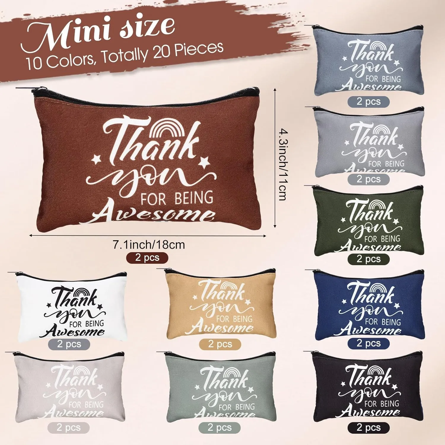 Reginary 20 Pcs Canvas Cosmetic Bag Inspirational Quotes Makeup Bags with Zipper Encouragement Travel Toiletry Pouch Appreciation Gift for Women,7 x 4.3 Inch(Morandi Color,Being Awesome)