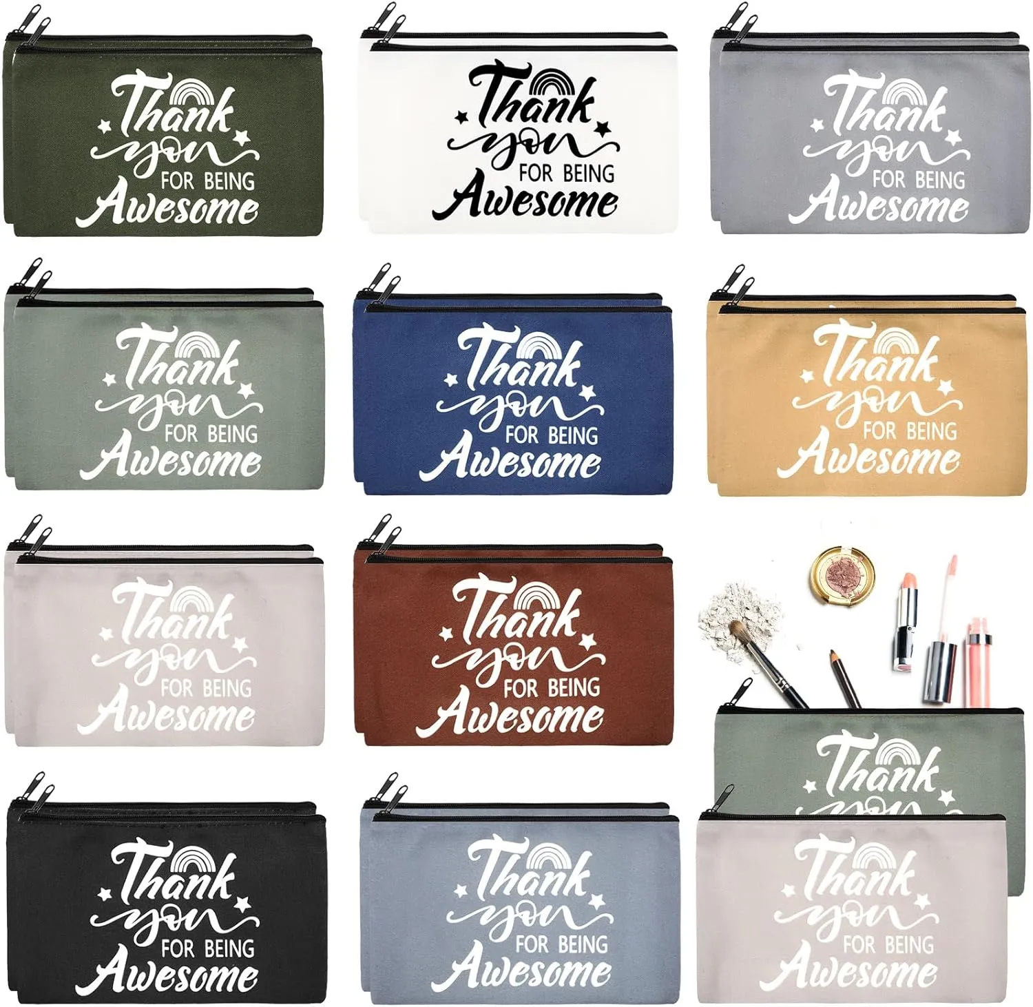 Reginary 20 Pcs Canvas Cosmetic Bag Inspirational Quotes Makeup Bags with Zipper Encouragement Travel Toiletry Pouch Appreciation Gift for Women,7 x 4.3 Inch(Morandi Color,Being Awesome)