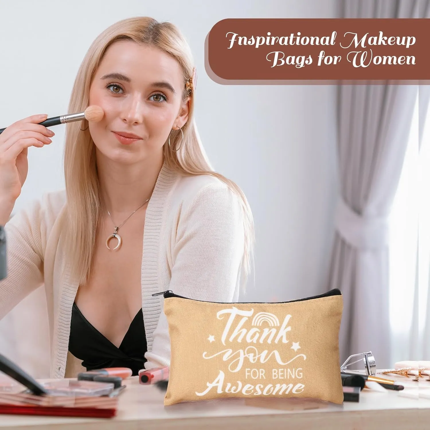 Reginary 20 Pcs Canvas Cosmetic Bag Inspirational Quotes Makeup Bags with Zipper Encouragement Travel Toiletry Pouch Appreciation Gift for Women,7 x 4.3 Inch(Morandi Color,Being Awesome)